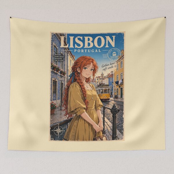 Item preview, Portugal Lisbon with a Charming Redhead Traveler in an Elegant Mustard Dress, Historic Tram Streets and Warm European Cityscape designed and sold by DibujandoPorfa.