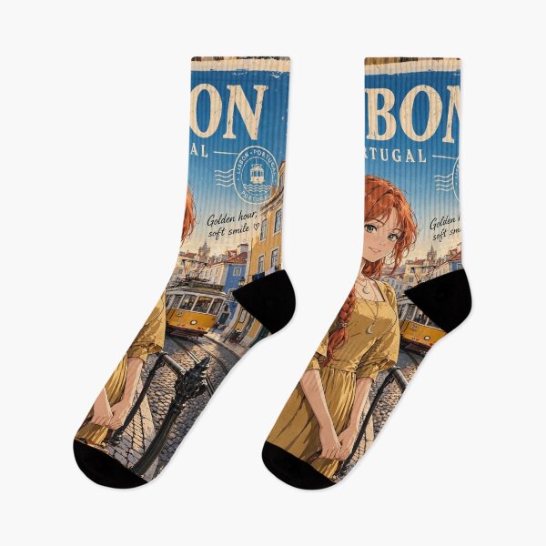 Item preview, Portugal Lisbon with a Charming Redhead Traveler in an Elegant Mustard Dress, Historic Tram Streets and Warm European Cityscape designed and sold by DibujandoPorfa.