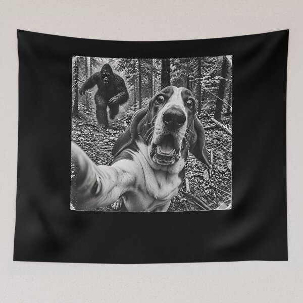 Item preview, Basset Hound Selfie Running From Bigfoot Funny Forest designed and sold by Alzasshop.