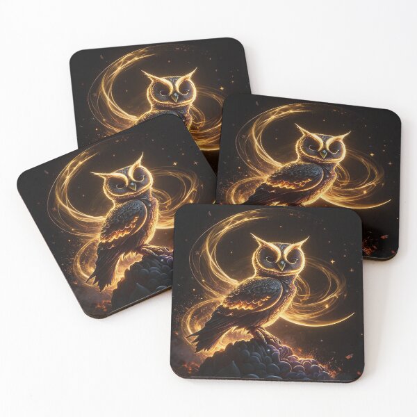 Item preview, A majestic black owl illuminated by flowing golden light designed and sold by TitiaDesign.