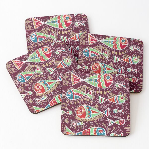 Item preview, Folk Art Fish Pattern in Wine Red and Gold designed and sold by Fani*.