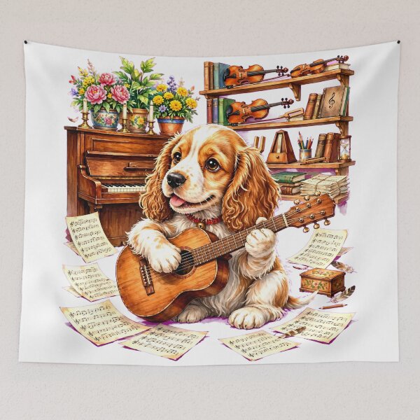 Item preview, Cocker Melody Studio | Luxury Watercolor Christmas Glass Ornament - English Cocker Spaniel Puppy with Guitar in Cozy Music Classroom designed and sold by HoMya.