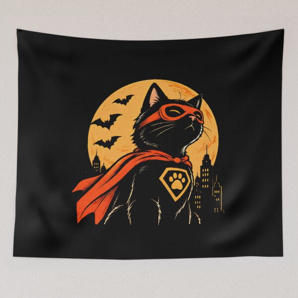 Item preview, Super Meow Superhero Cat Halloween Cape Mask City Skyline designed and sold by Retro Whiskers.