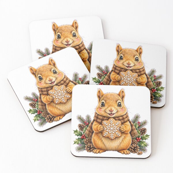 Item preview, Cozy Christmas Squirrel - Golden Orange Squirrel with Gingerbread Cookie | Watercolor Nursery Art | Christmas Foliage & Plaid Scarf designed and sold by HoMya.