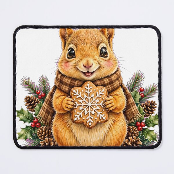 Item preview, Cozy Christmas Squirrel - Golden Orange Squirrel with Gingerbread Cookie | Watercolor Nursery Art | Christmas Foliage & Plaid Scarf designed and sold by HoMya.
