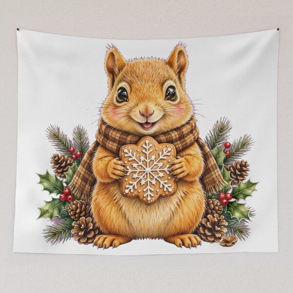 Item preview, Cozy Christmas Squirrel - Golden Orange Squirrel with Gingerbread Cookie | Watercolor Nursery Art | Christmas Foliage & Plaid Scarf designed and sold by HoMya.