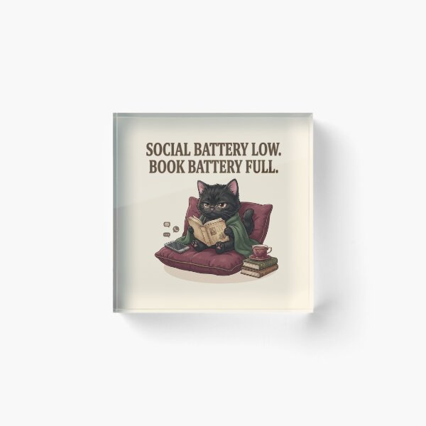 Item preview, Social Battery Low Book Battery Full – Funny Black Cat Reading Quote designed and sold by NadinArtStudio.