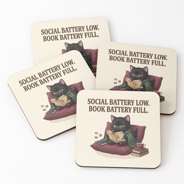Item preview, Social Battery Low Book Battery Full – Funny Black Cat Reading Quote designed and sold by NadinArtStudio.