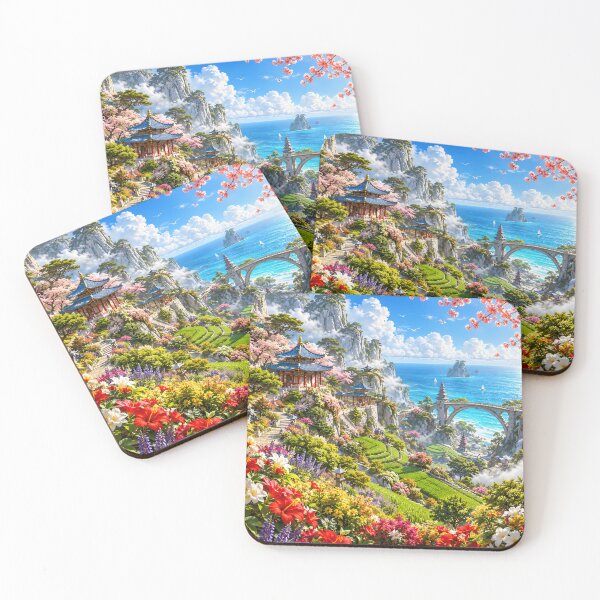 Item preview, Fantasy Coastal Landscape Japanese Pagoda Ocean Paradise Wall Art designed and sold by IRON SIREN.