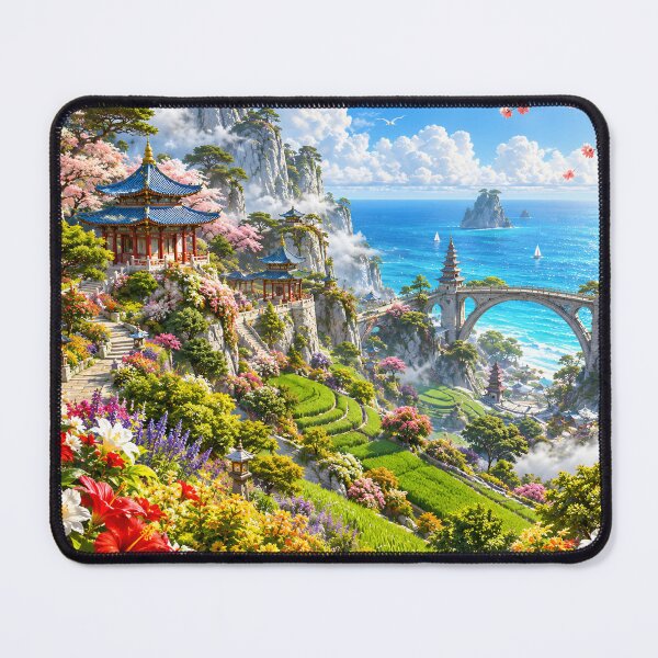 Item preview, Fantasy Coastal Landscape Japanese Pagoda Ocean Paradise Wall Art designed and sold by IRON SIREN.