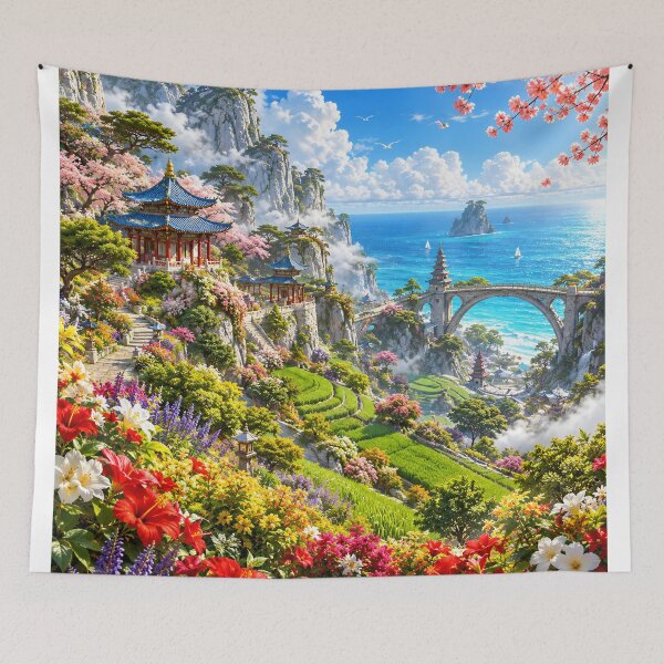 Item preview, Fantasy Coastal Landscape Japanese Pagoda Ocean Paradise Wall Art designed and sold by IRON SIREN.