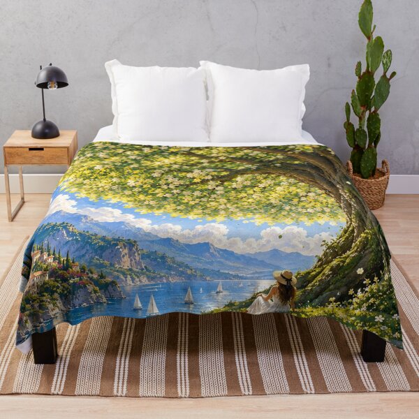 Item preview, Flowering Tree Mediterranean Lake Landscape Romantic Wall Art designed and sold by IRON SIREN.