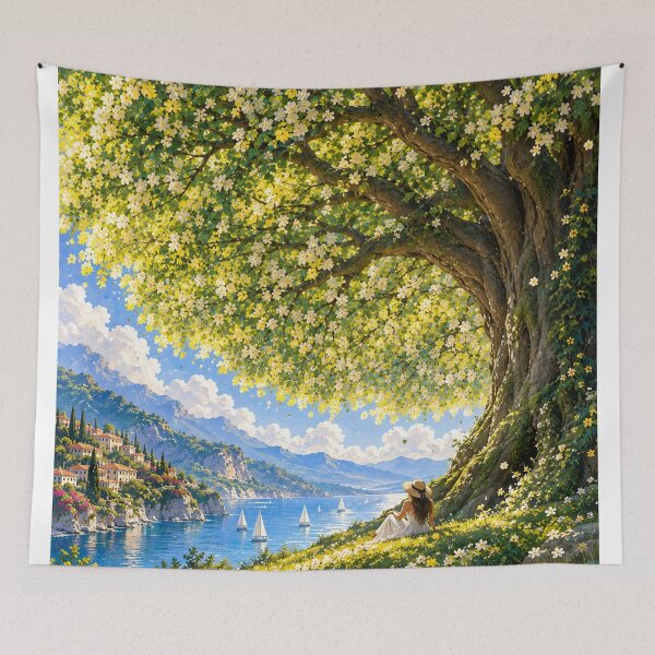 Item preview, Flowering Tree Mediterranean Lake Landscape Romantic Wall Art designed and sold by IRON SIREN.