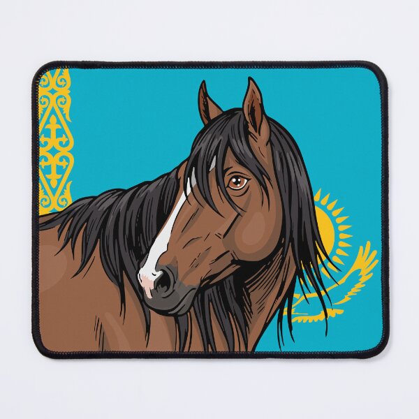 Item preview, The head of the Adaev horse in front of the flag of Kazakhstan designed and sold by Cheval-de-coeur.