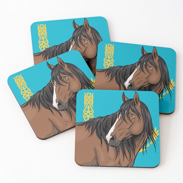 Item preview, The head of the Adaev horse in front of the flag of Kazakhstan designed and sold by Cheval-de-coeur.