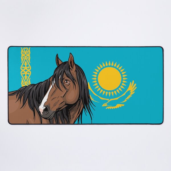 Item preview, The head of the Adaev horse in front of the flag of Kazakhstan designed and sold by Cheval-de-coeur.