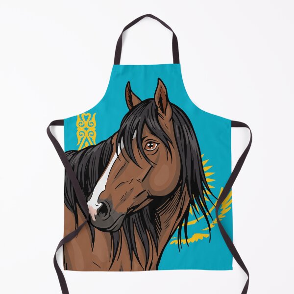 Item preview, The head of the Adaev horse in front of the flag of Kazakhstan designed and sold by Cheval-de-coeur.