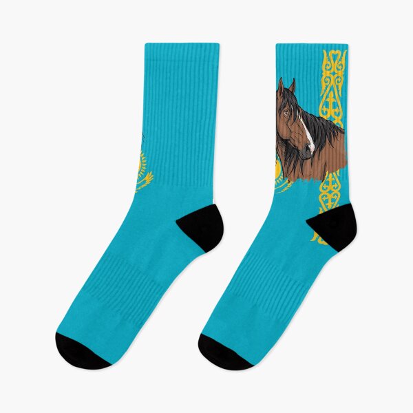 Item preview, The head of the Adaev horse in front of the flag of Kazakhstan designed and sold by Cheval-de-coeur.