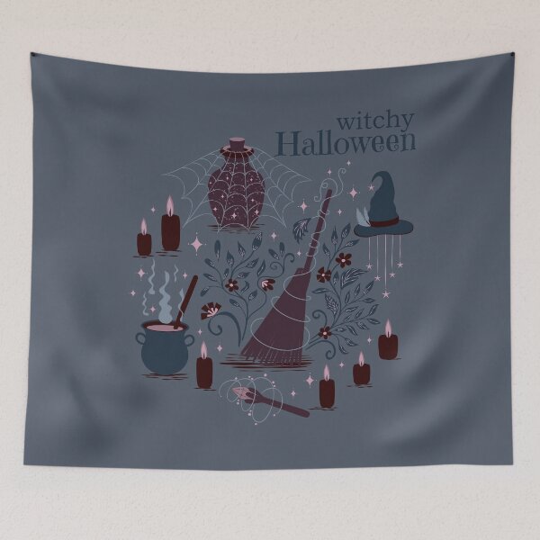 Item preview, Witchy Halloween Wreath – Cauldron, Floral Broom, Witch Hat & Potion Bottle Cottagecore Illustration designed and sold by Kozee.