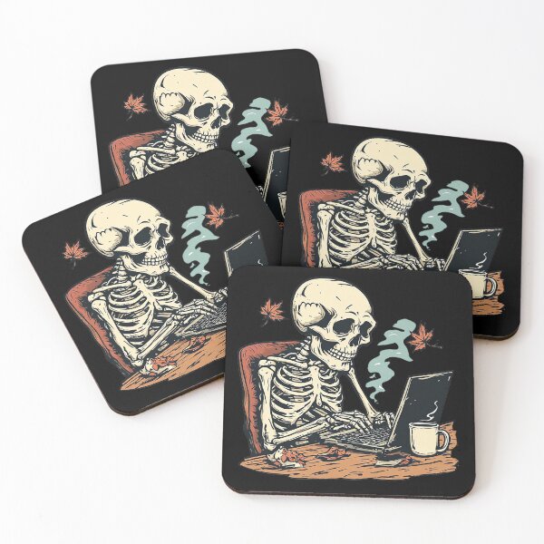 Item preview, Skeleton Working Late - Spooky Autumn Laptop & Coffee Halloween Art designed and sold by emiliacreations.