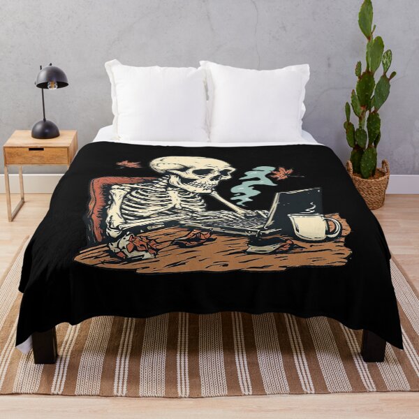 Item preview, Skeleton Working Late - Spooky Autumn Laptop & Coffee Halloween Art designed and sold by emiliacreations.