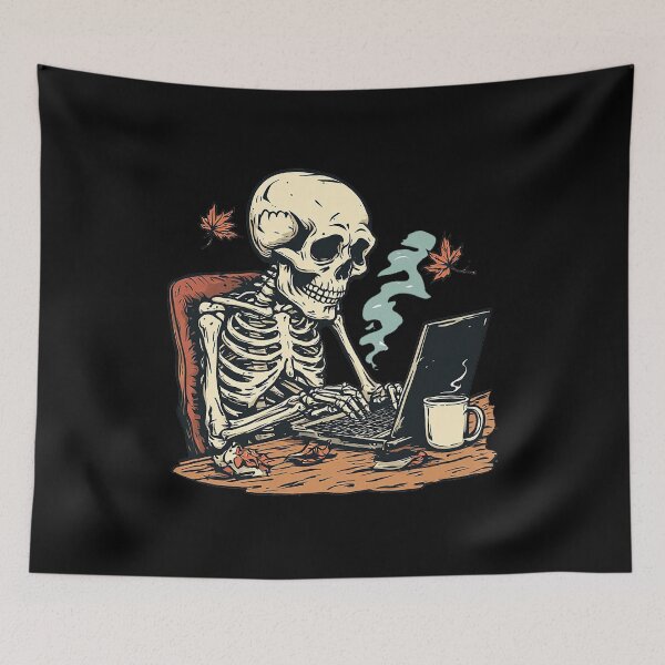 Item preview, Skeleton Working Late - Spooky Autumn Laptop & Coffee Halloween Art designed and sold by emiliacreations.