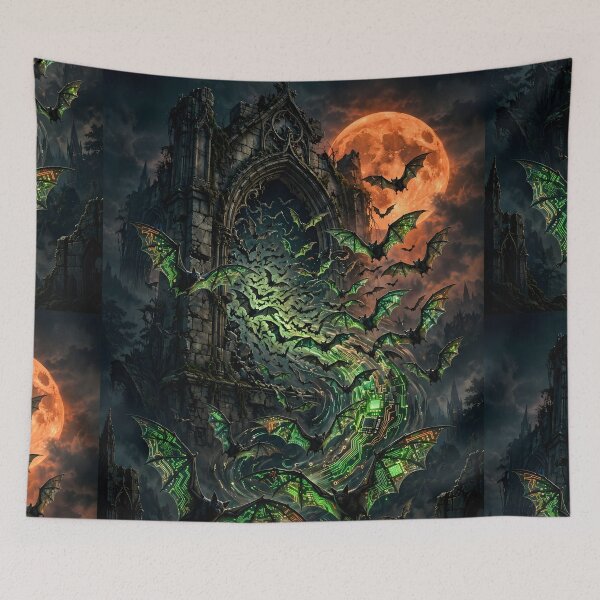 Item preview, Cyberpunk Bats Swarming a Haunted Gothic Cathedral designed and sold by Skolyak.