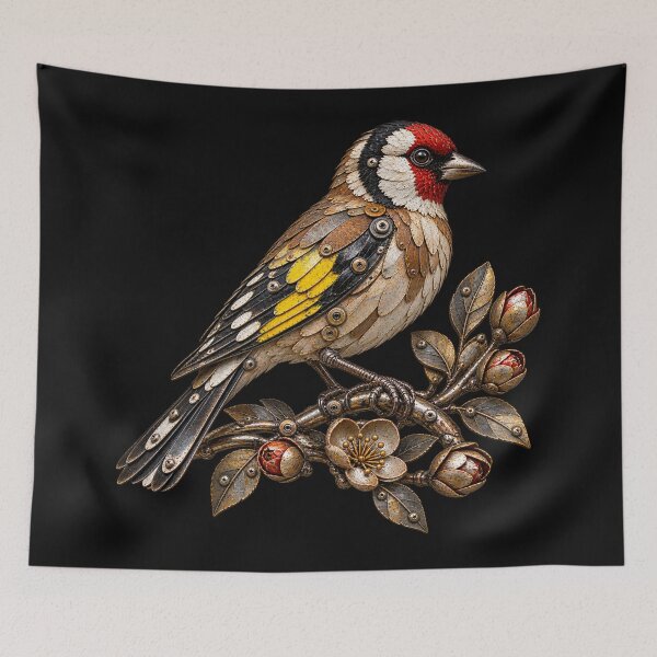 Item preview, Goldfinch Scrap Metal Bird Sculpture on Floral Branch designed and sold by Emoji Emblems.