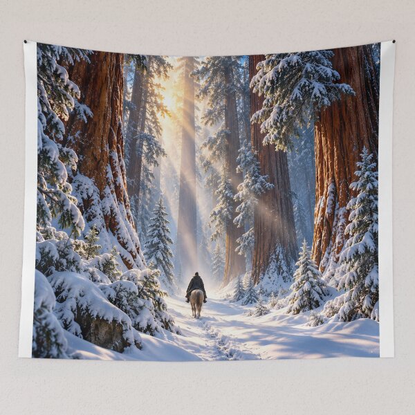 Item preview, Snowy Redwood Forest Horse Rider Winter Wilderness Wall Art designed and sold by IRON SIREN.