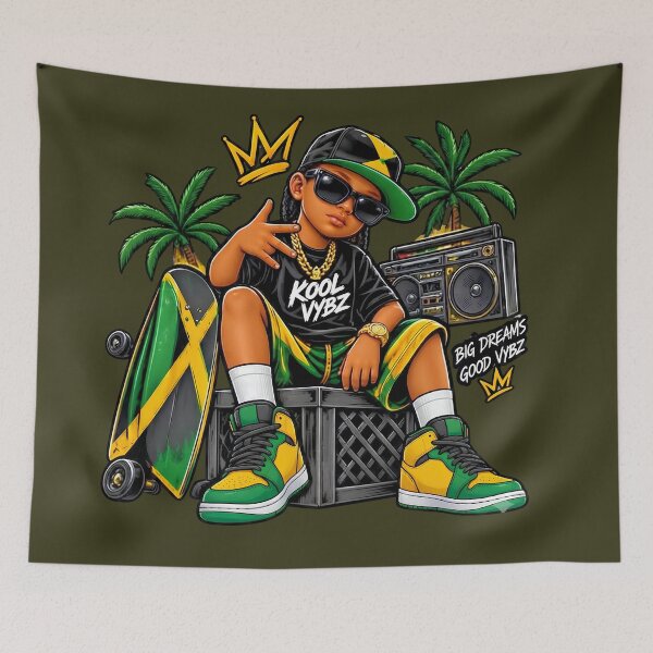 Item preview, Kool Vybz Big Dreams Jamaica Streetwear Kid with Boombox and Skateboard designed and sold by digitalbob60.