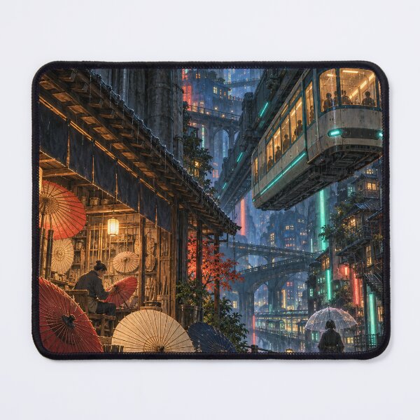 Item preview, Japanese Cyberpunk City – Rainy Umbrella Shop and Sky Train designed and sold by DreamCraze.