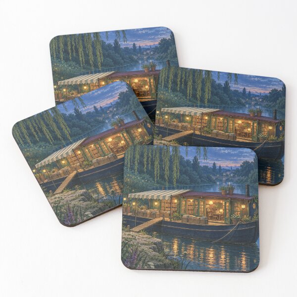 Item preview, Floating Bookshop at Twilight – Cozy Riverside Bookstore designed and sold by DreamCraze.