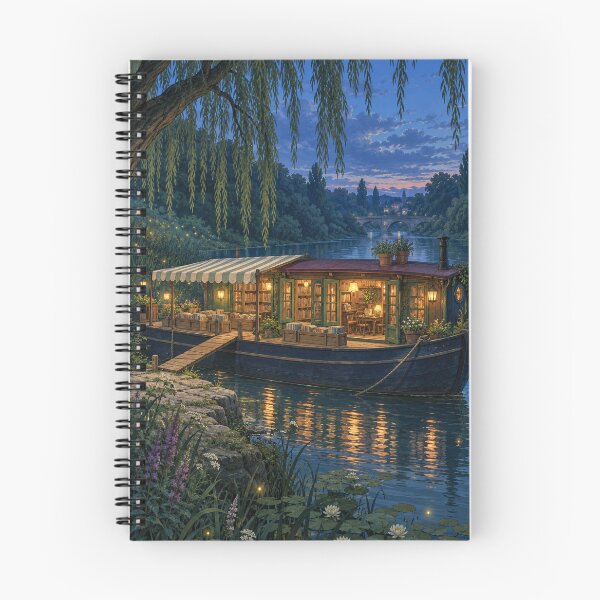 Item preview, Floating Bookshop at Twilight – Cozy Riverside Bookstore designed and sold by DreamCraze.