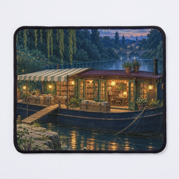 Item preview, Floating Bookshop at Twilight – Cozy Riverside Bookstore designed and sold by DreamCraze.