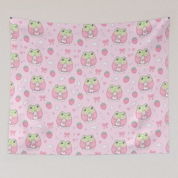 Artikelvorschau, Niedliches Kawaii-Frosch-Erdbeermilch-Purpurrosa-Muster entworfen und verkauft von Soft Berry Studio.