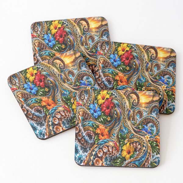 Item preview, Polynesian Octopus – Tropical Tribal Hibiscus Ocean Art designed and sold by artistwill.
