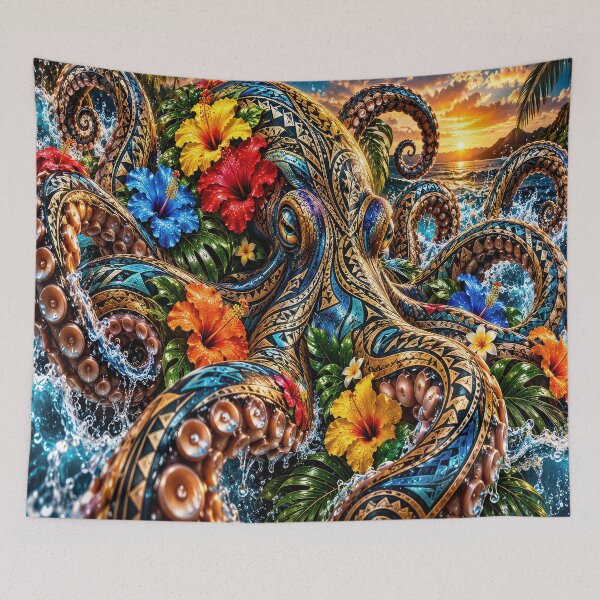 Item preview, Polynesian Octopus – Tropical Tribal Hibiscus Ocean Art designed and sold by artistwill.