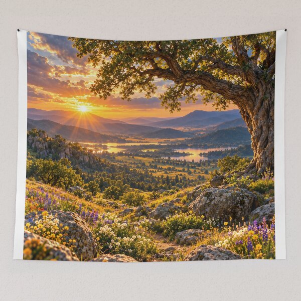 Item preview, Golden Valley Sunset Mountain Lake Oak Tree Landscape Wall Art designed and sold by IRON SIREN.