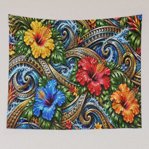 Item preview, Polynesian Tropical Hibiscus & Ocean Waves – Colorful Island Pattern designed and sold by artistwill.