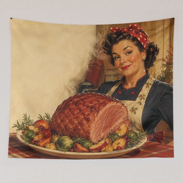 Item preview, Vintage Housewife with Juicy Roast Pork Feast Kitchen designed and sold by Mauswohn.