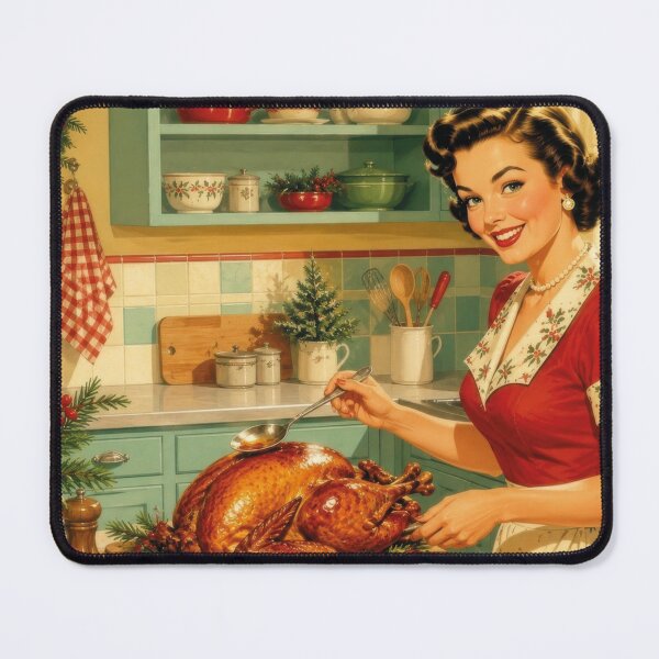 Item preview, Vintage woman with holiday roast turkey in kitchen designed and sold by Mauswohn.