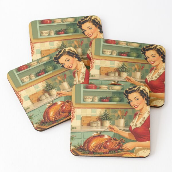 Item preview, Vintage woman with holiday roast turkey in kitchen designed and sold by Mauswohn.