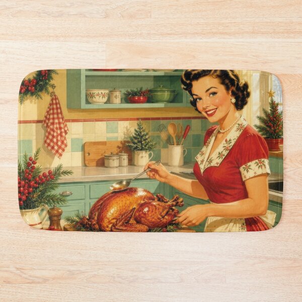Item preview, Vintage woman with holiday roast turkey in kitchen designed and sold by Mauswohn.