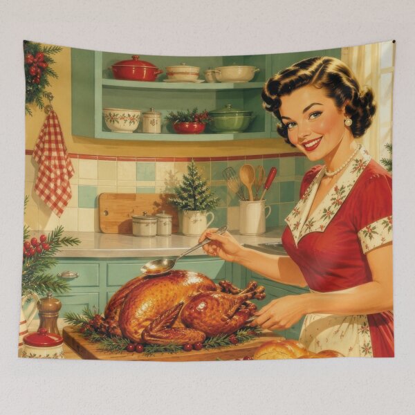 Item preview, Vintage woman with holiday roast turkey in kitchen designed and sold by Mauswohn.