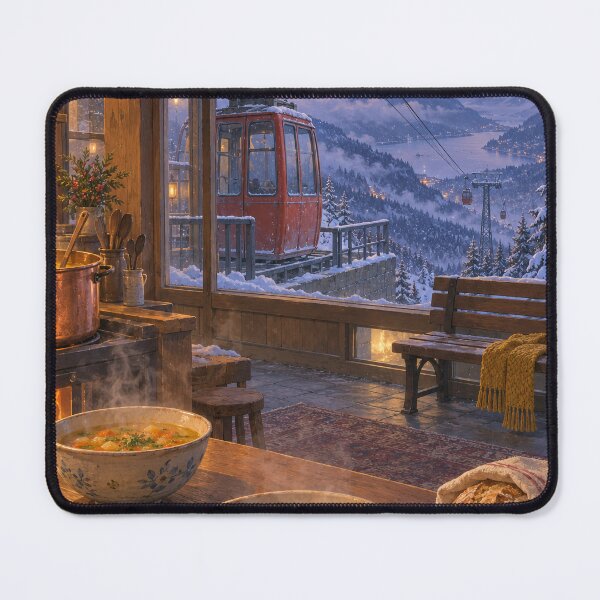 Item preview, Cozy Alpine Lodge – Winter Cable Car at Sunset designed and sold by DreamCraze.
