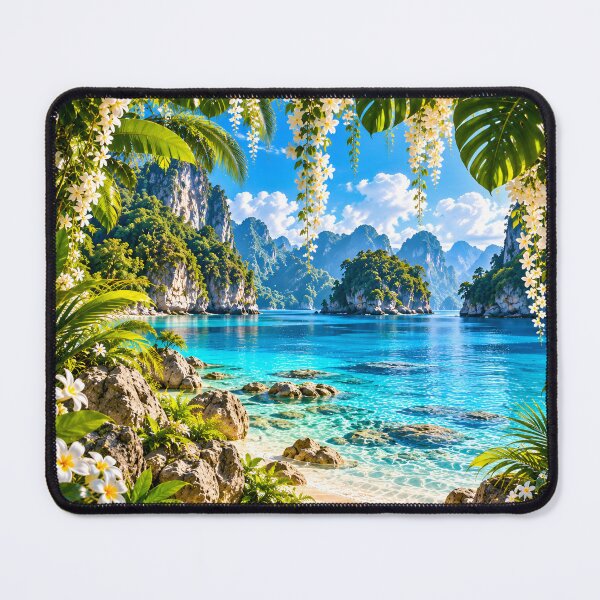 Item preview, Tropical Lagoon Turquoise Water Mountain Beach Plumeria Wall Art designed and sold by IRON SIREN.