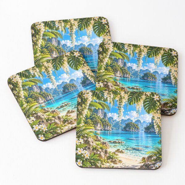 Item preview, Tropical Lagoon Turquoise Water Mountain Beach Plumeria Wall Art designed and sold by IRON SIREN.
