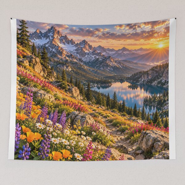Item preview, Mountain Wildflower Lake Sunset Alpine Landscape Wall Art designed and sold by IRON SIREN.