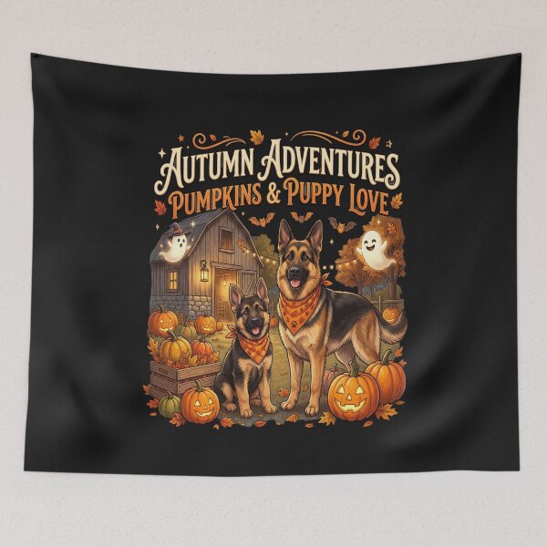 Aperçu de l'œuvre Design d'aventures automnales avec des citrouilles et des chiots créée et vendue par PawPlanetPro.
