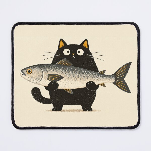 Item preview, Black cat with big fish in paws designed and sold by anytka.
